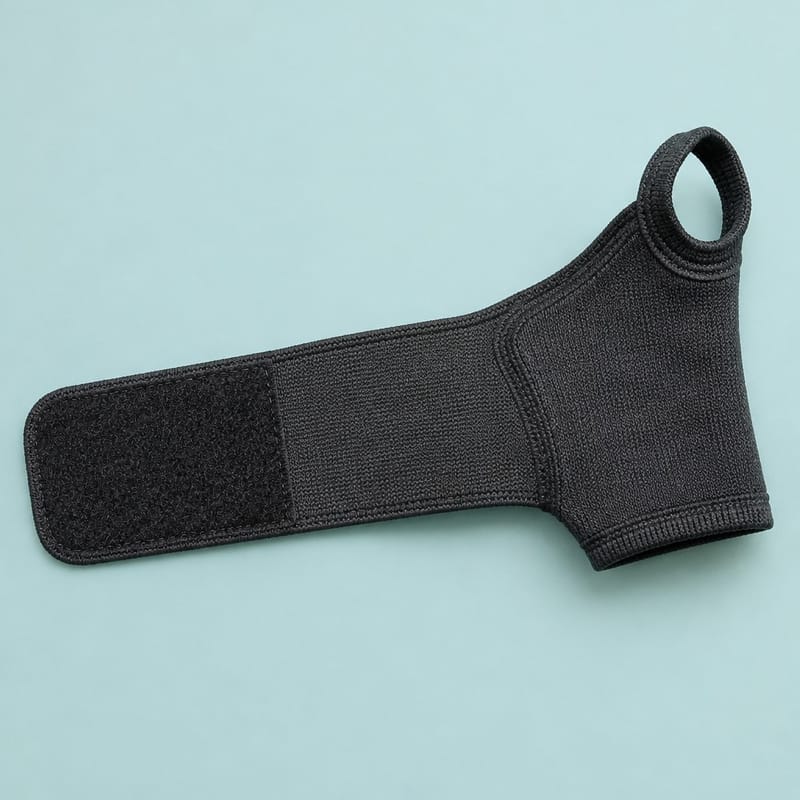 A charcoal fabric wrist wrap with a wide hook-and-loop strap and a stitched thumb loop