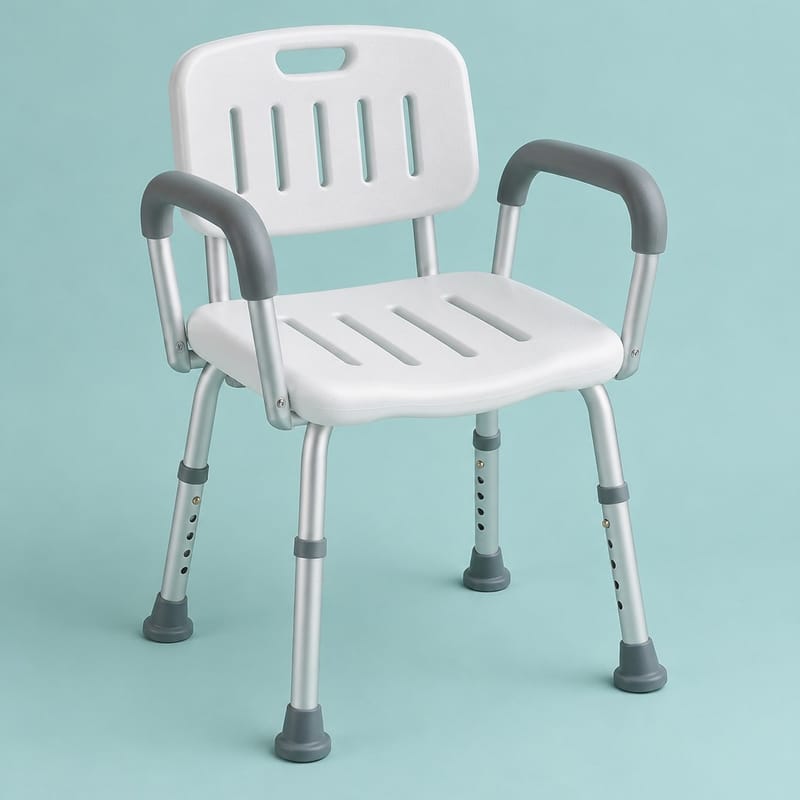 A white height-adjustable bath stool with slotted seat and back and grey padded armrests