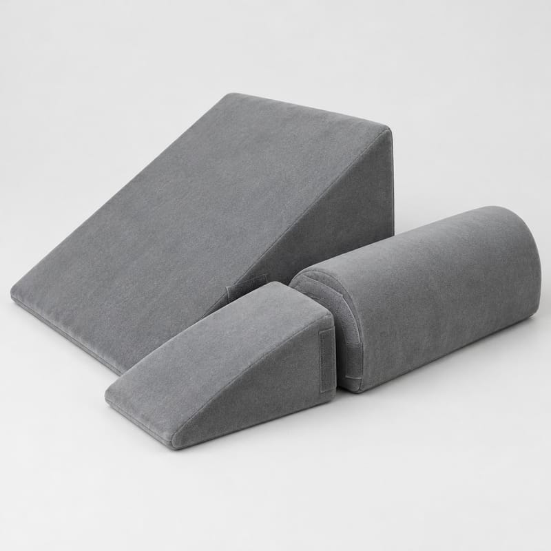 Three grey memory foam wedges and a half-round bolster arranged on a pale bed surface