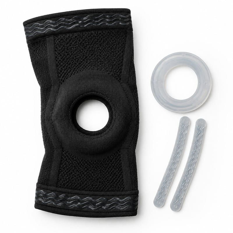 A black knee sleeve with an open kneecap, removable side springs and silicone grip bands