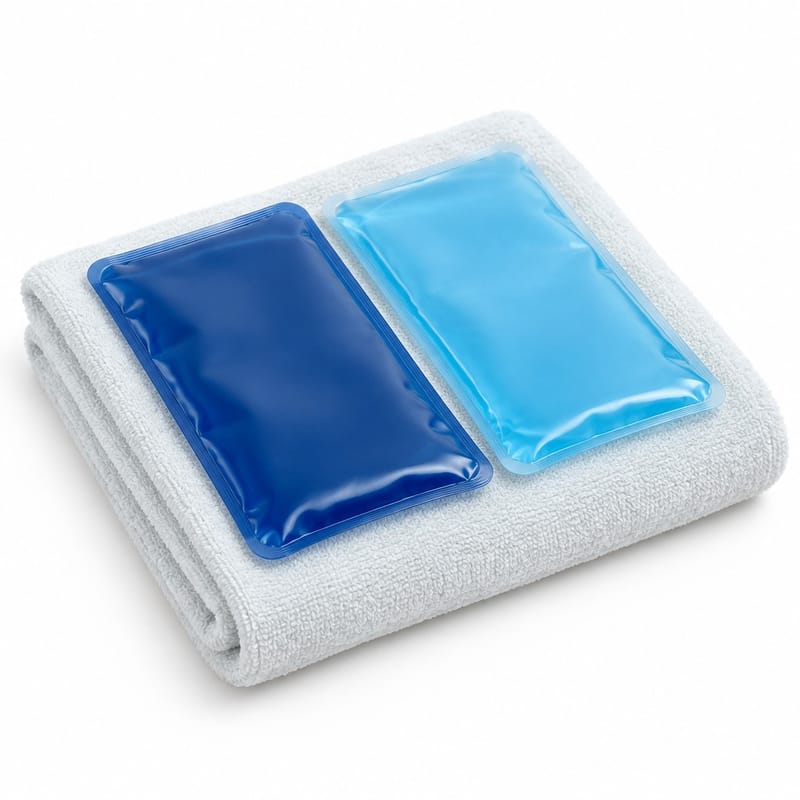 Two soft-sided gel packs, one dark blue and one light blue, resting on a pale towel