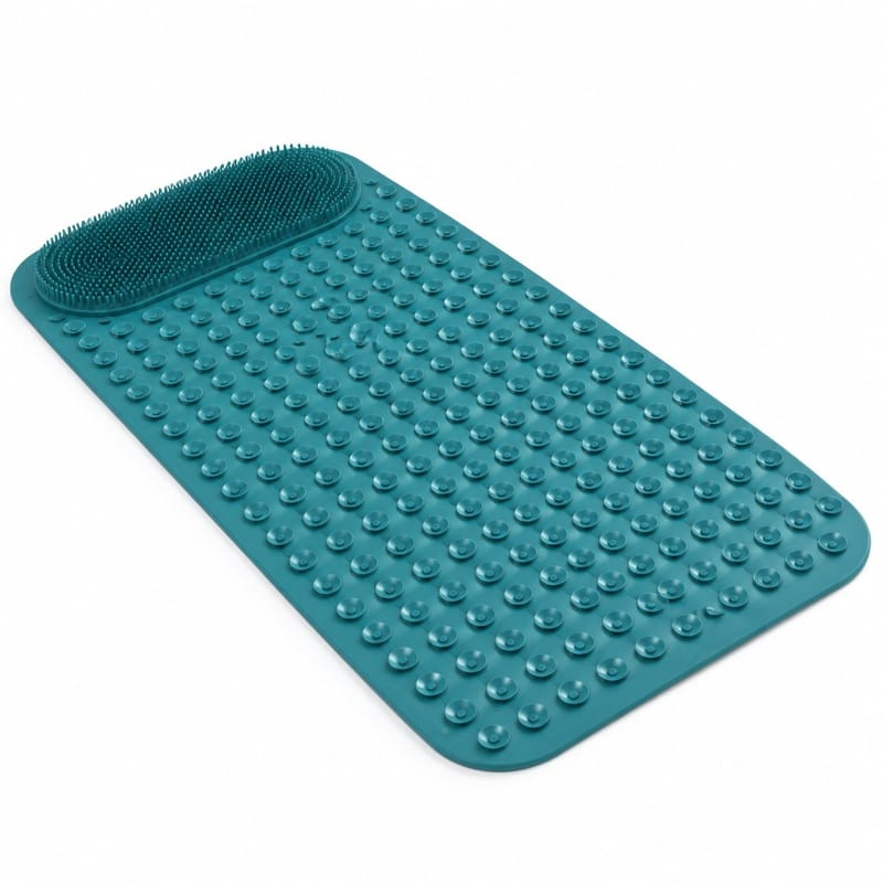 A teal textured bath mat with a suction cup pattern and a raised scrubber pad at one end